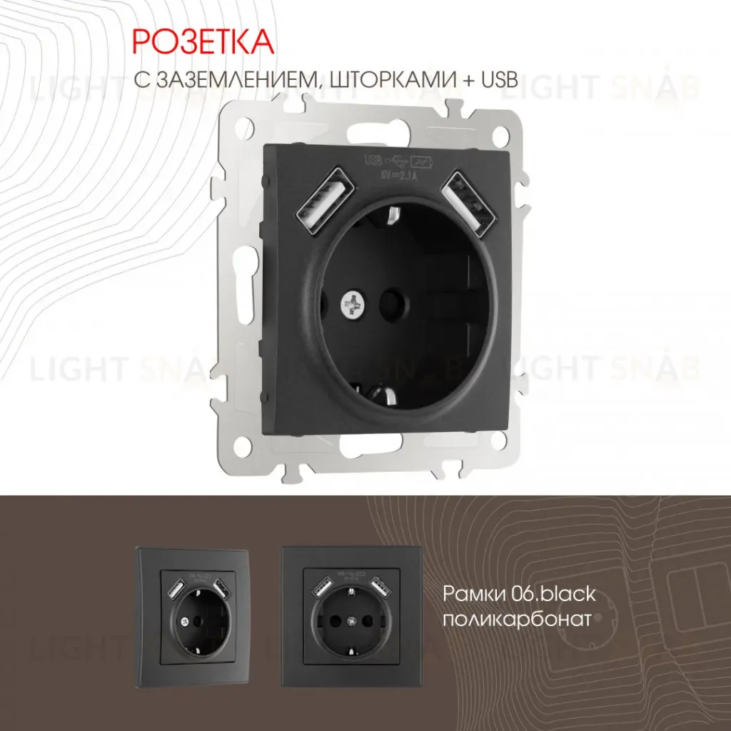 Розетка с заземлением, шторками + 2 USB Arte Milano 206.47-1.black 206.47-1.black