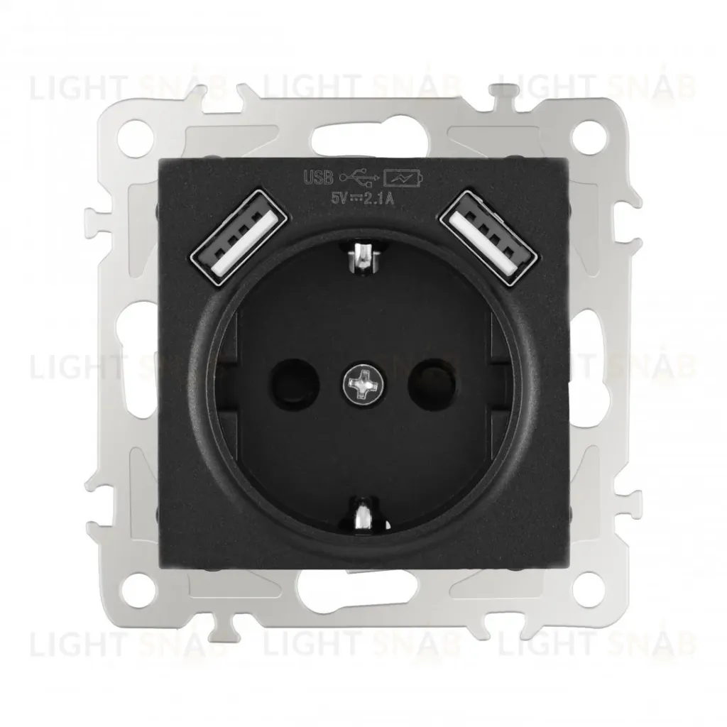 Розетка с заземлением, шторками + 2 USB Arte Milano 206.47-1.black 206.47-1.black