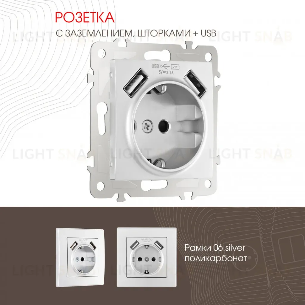 Розетка с заземлением, шторками + 2 USB Arte Milano 206.47-1.silver 206.47-1.silver