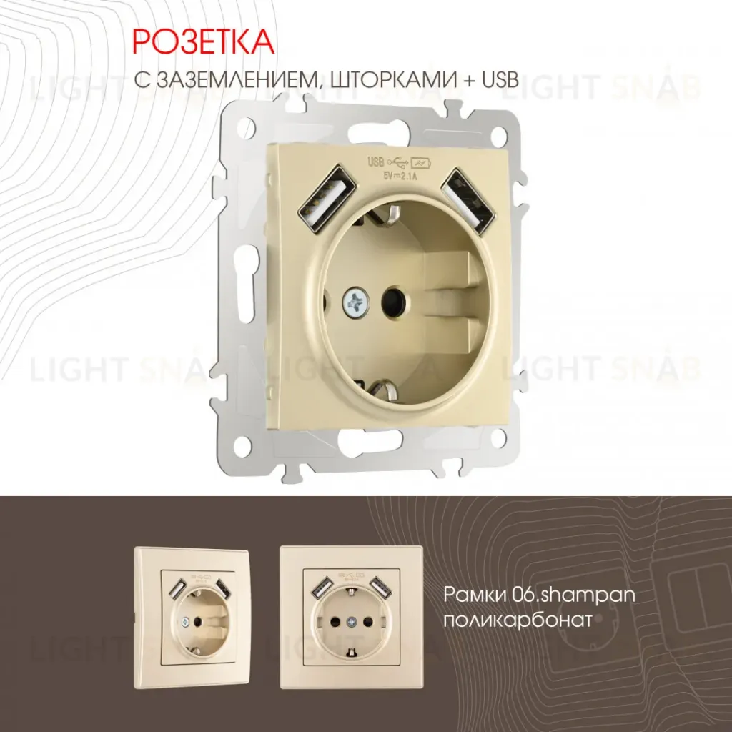Розетка с заземлением, шторками + 2 USB Arte Milano 206.47-1.shampan 206.47-1.shampan