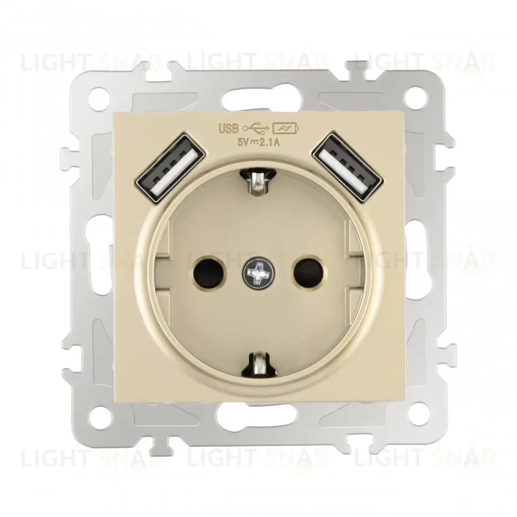 Розетка с заземлением, шторками + 2 USB Arte Milano 206.47-1.shampan 206.47-1.shampan