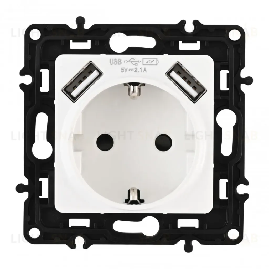 Розетка с заземлением, шторками + 2 USB Arte Milano 217.47-1.white 217.47-1.white