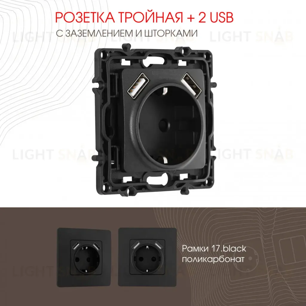 Розетка с заземлением, шторками + 2 USB Arte Milano 217.47-1.black 217.47-1.black