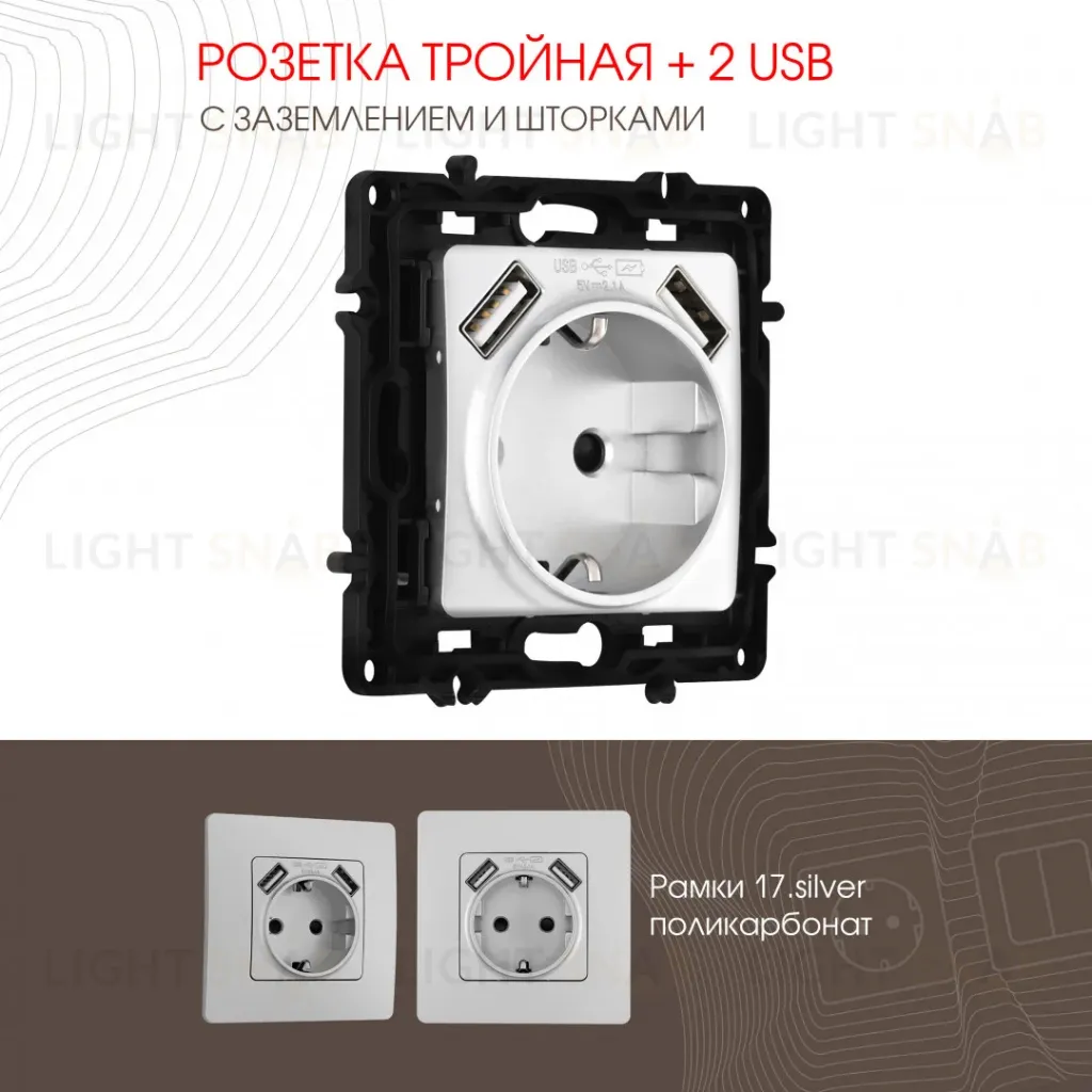 Розетка с заземлением, шторками + 2 USB Arte Milano 217.47-1.silver 217.47-1.silver