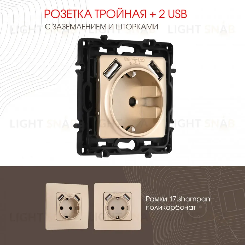 Розетка с заземлением, шторками + 2 USB Arte Milano 217.47-1.shampan 217.47-1.shampan