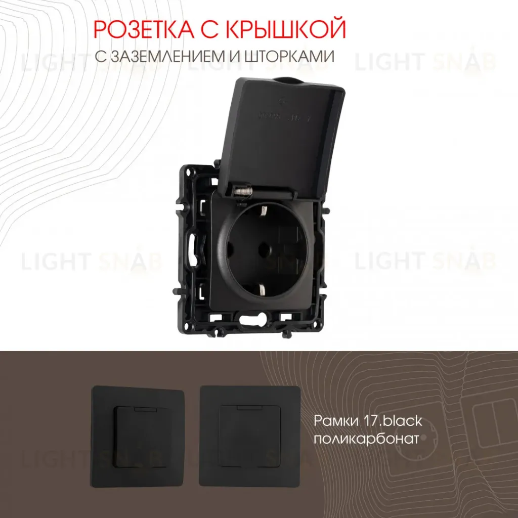 Розетка с заземлением, шторками и защитной крышкой Arte Milano 217.41-1.black 217.41-1.black