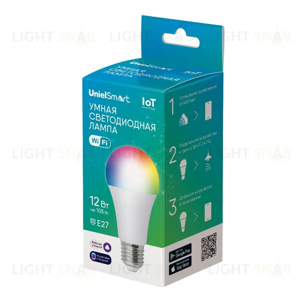 Лампа светодиодная умная Uniel LED-A60-12W/RGBW/E27/230V/WF/FR PLS80WH UL-00011654 LED-A60-12W/RGBW/E27/230V/WF/FR PLS80WH