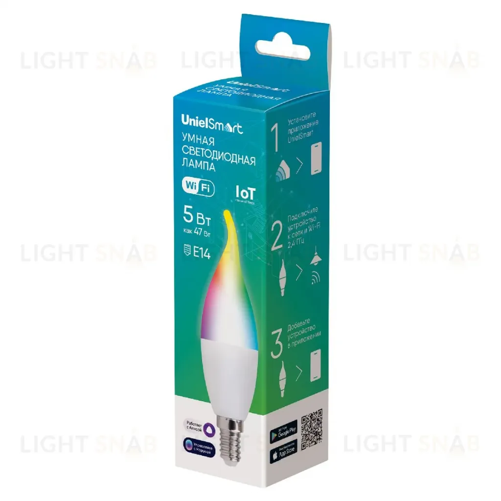 Лампа светодиодная умная Uniel LED-CW37-5W/RGBW/E14/230V/WF/FR PLS80WH UL-00011655 LED-CW37-5W/RGBW/E14/230V/WF/FR PLS80WH