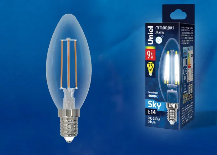 Лампа светодиодная Uniel LED-C35-9W/4000K/E14/CL PLS02WH картон UL-00005161 LED-C35-9W/4000K/E14/CL PLS02WH картон