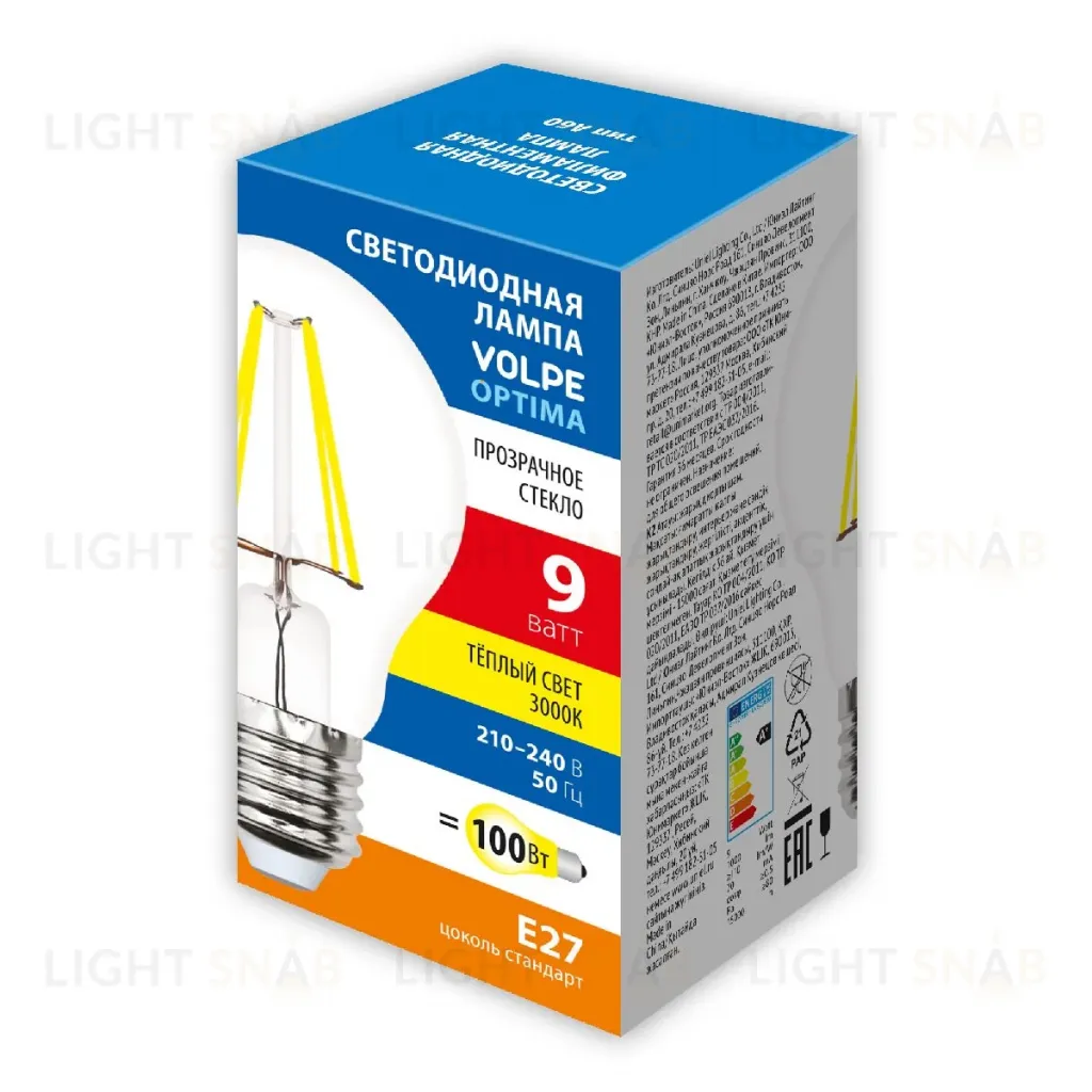 Лампа светодиодная Volpe Optima LED-A60-9W/3000K/E27/CL/SLF UL-00008302 LED-A60-9W/3000K/E27/CL/SLF