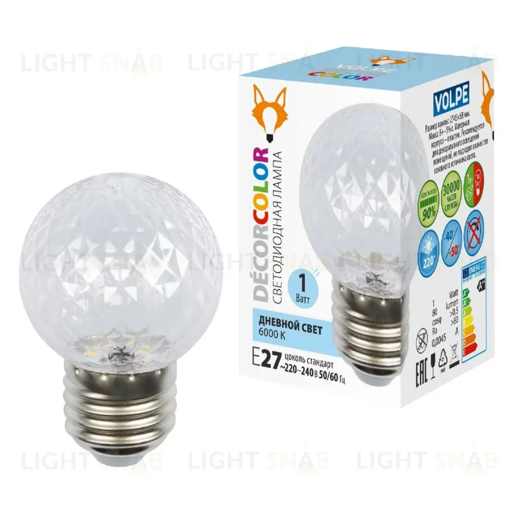 Лампа светодиодная Volpe Decor color LED-D45-1W/6000K/E27/CL/С PINEAPPLE UL-00010065 LED-D45-1W/6000K/E27/CL/С PINEAPPLE