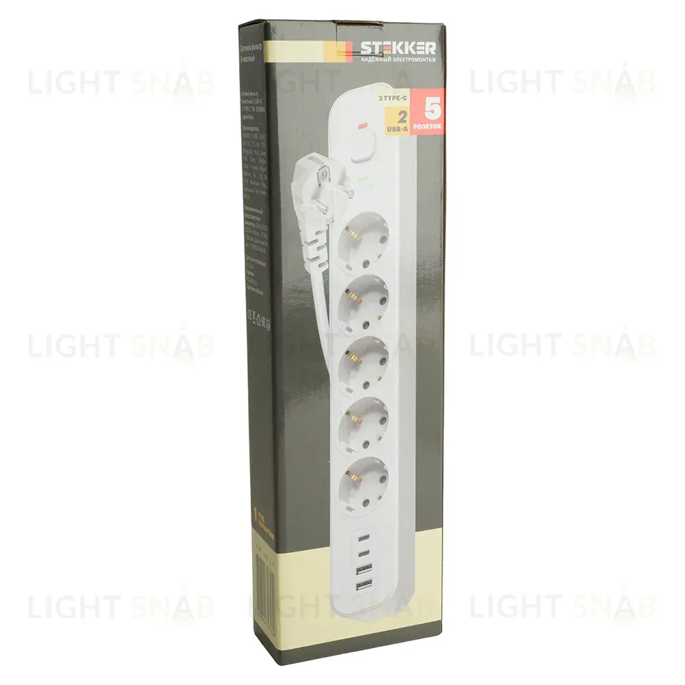 Сетевой фильтр 5-местный с/з и 2 USB-A+2 Type-C Stekker Nova HM21-51-02 50102 50102