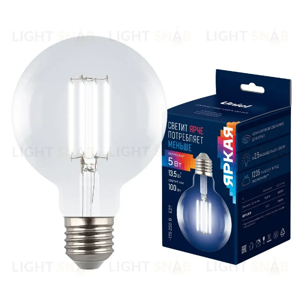 Лампа светодиодная филаментная Uniel LED-G95-5W/4000K/E27/CL GLY01TR UL-00011943 LED-G95-5W/4000K/E27/CL GLY01TR