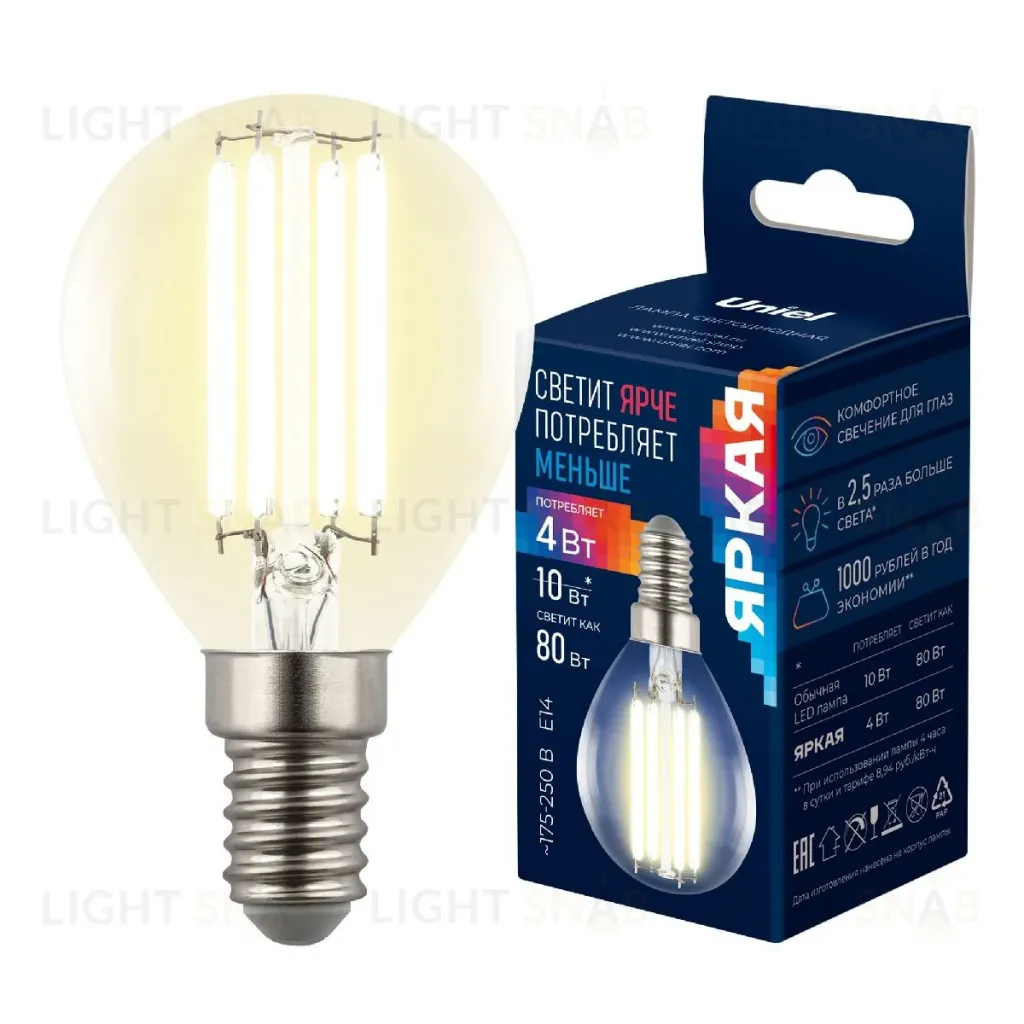Лампа светодиодная филаментная Uniel LED-G45-4W/3000K/E14/CL GLY01TR UL-00011938 LED-G45-4W/3000K/E14/CL GLY01TR