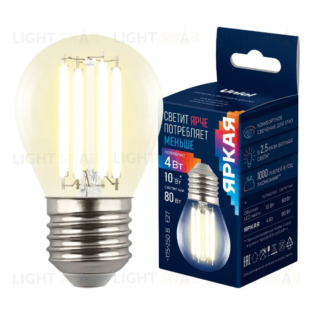 Лампа светодиодная филаментная Uniel LED-G45-4W/3000K/E27/CL GLY01TR UL-00011940 LED-G45-4W/3000K/E27/CL GLY01TR
