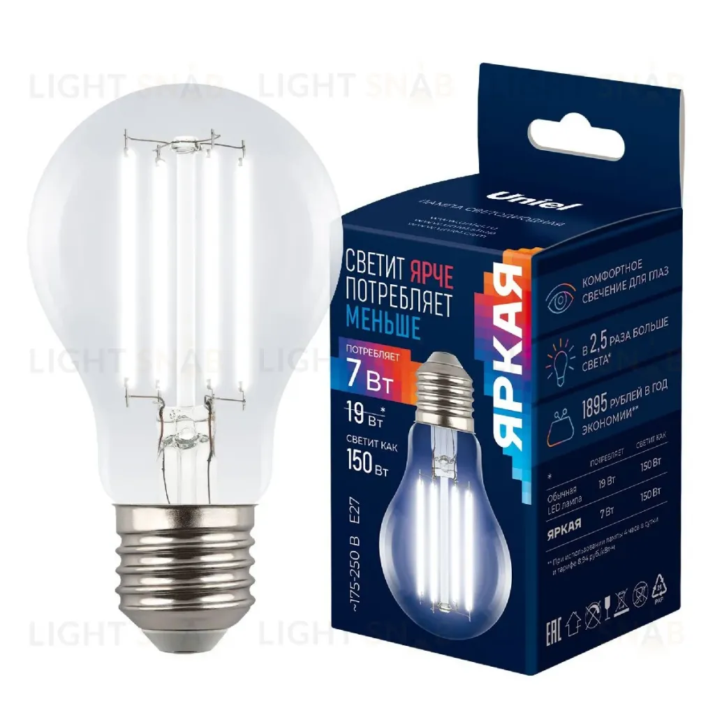 Лампа светодиодная филаментная Uniel LED-A60-7W/4000K/E27/CL GLY01TR UL-00011935 LED-A60-7W/4000K/E27/CL GLY01TR