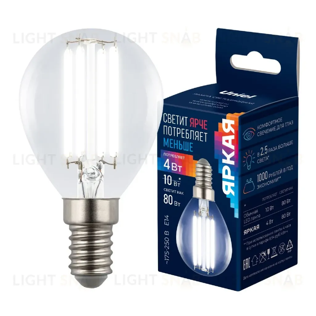 Лампа светодиодная филаментная Uniel LED-G45-4W/4000K/E14/CL GLY01TR UL-00011939 LED-G45-4W/4000K/E14/CL GLY01TR