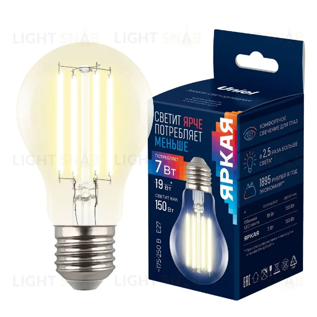 Лампа светодиодная филаментная Uniel LED-A60-7W/3000K/E27/CL GLY01TR UL-00011934 LED-A60-7W/3000K/E27/CL GLY01TR