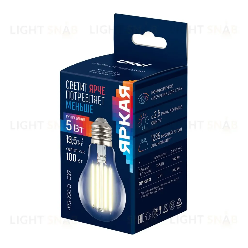 Лампа светодиодная филаментная Uniel LED-A60-5W/3000K/E27/CL GLY01TR UL-00011932 LED-A60-5W/3000K/E27/CL GLY01TR