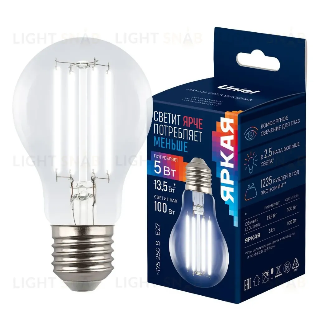 Лампа светодиодная филаментная Uniel LED-A60-5W/4000K/E27/CL GLY01TR UL-00011933 LED-A60-5W/4000K/E27/CL GLY01TR