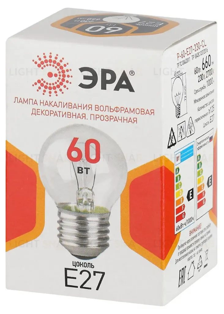 Лампа накаливания Эра P-60-E27-230-CL шар Б0066558 Б0066558