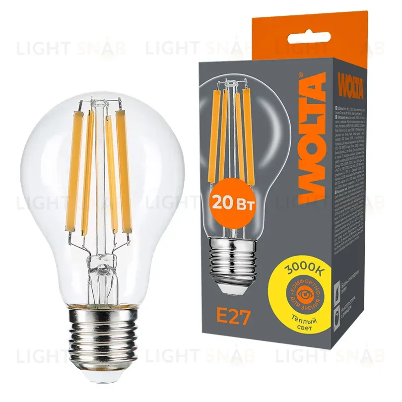 Лампа светодиодная филаментная WOLTA 20Вт 3000K Е27 груша прозрачная WF-A60-20W3KE27 WF-A60-20W3KE27