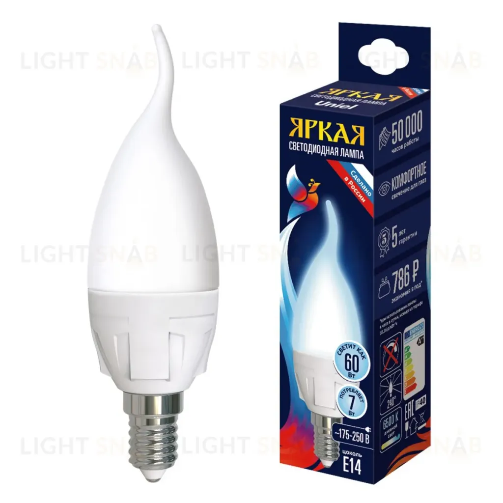 Лампа светодиодная Uniel LED-CW37 7W/6500K/E14/FR PLP01WH UL-00011016 LED-CW37 7W/6500K/E14/FR PLP01WH
