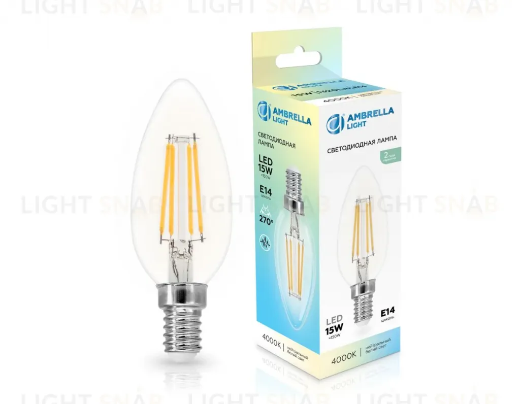 Филаментная светодиодная лампа Ambrella Light Bulbing E14 15W 4000K свеча 351514 351514