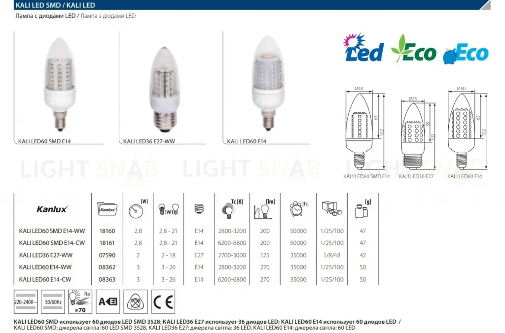 Лампа светодиодная Kanlux Kali E14 2,8W 2800-3200К 18160 18160