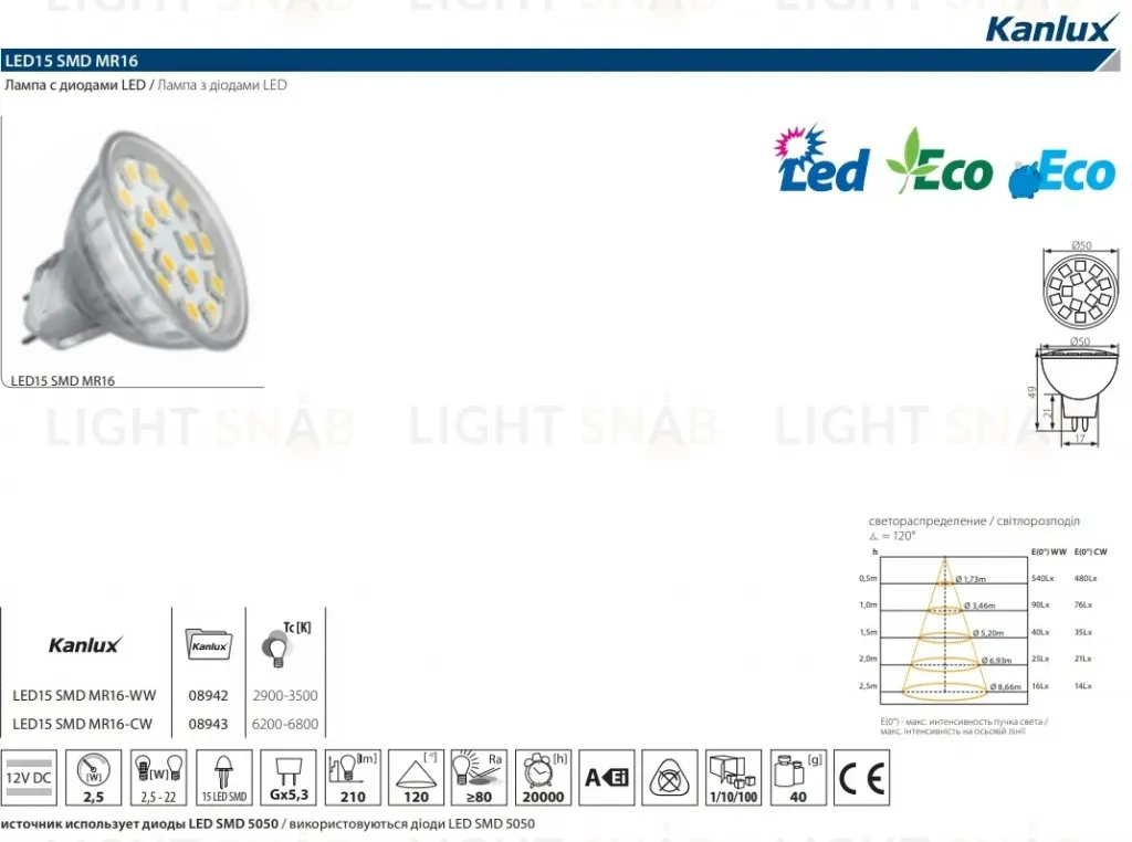 Лампа светодиодная Kanlux LED15 GX5.3 2,5W 6400К 8943 8943