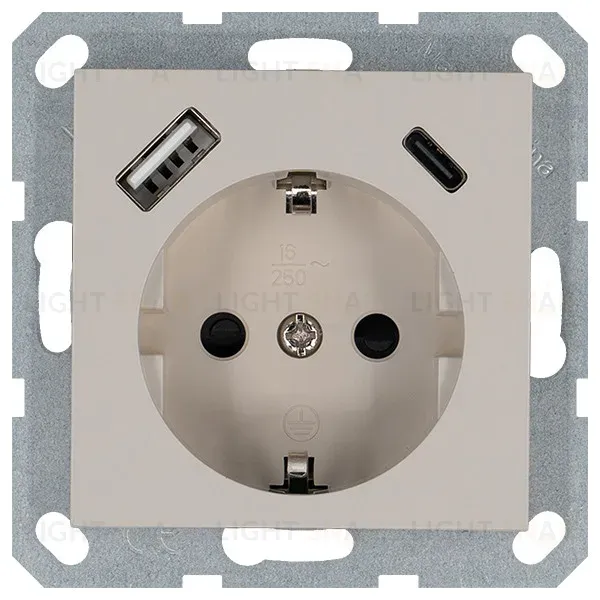 Розетка SHUKO с USB A+C с защитными шторками 16A 250V 2P+T USB 25W, цвет Тауп Jasmart G5501USB-25T G5501USB-25T