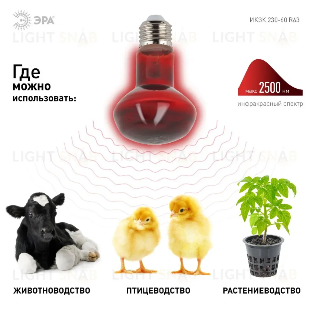 Инфракрасная лампа для обогрева животных Эра ИКЗК 230-60 R63 Е27 Б0057281 Б0057281