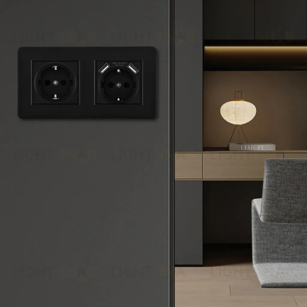 Розетка двойная (двухпостовая) с/з и шторками + USB Arte Milano SET16-2-47-1-40-1 black SET16-2-47-1-40-1 black