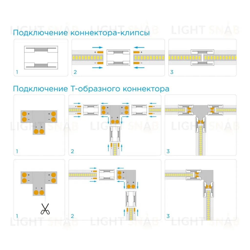 Комплект коннекторов (Т-образный +3 клипсы) для одноцв. светод. ленты 12/24В, COB, IP20, подложка 8 мм Apeyron 09-104 09-104