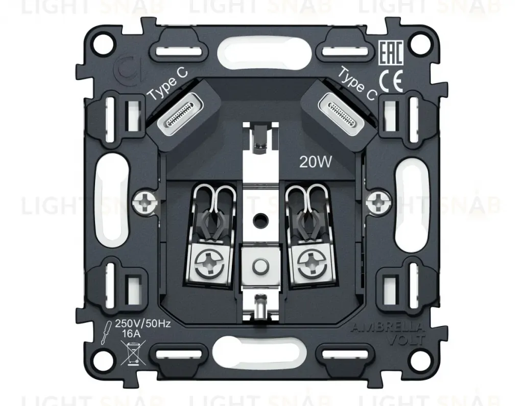 Механизм электрической розетки 2USB С+C 20W (быстрая зарядка) с/з на винтовых зажимах 16A-250V QUANT Ambrella Volt VM165 VM165