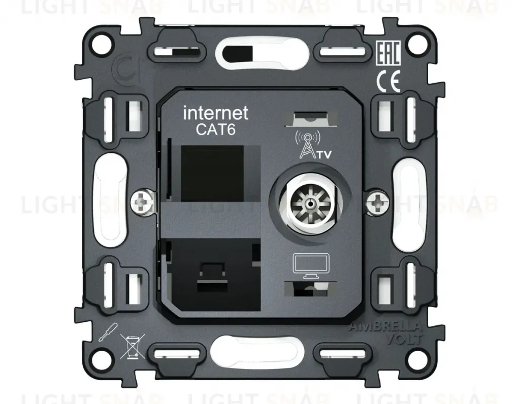 Механизм розетки компьютерной + TV оконечной RJ-45 (8P8C) CAT6/50-870 MHz 1dB с автоматической защитной шторкой QUANT Ambrella Volt VM195 VM195