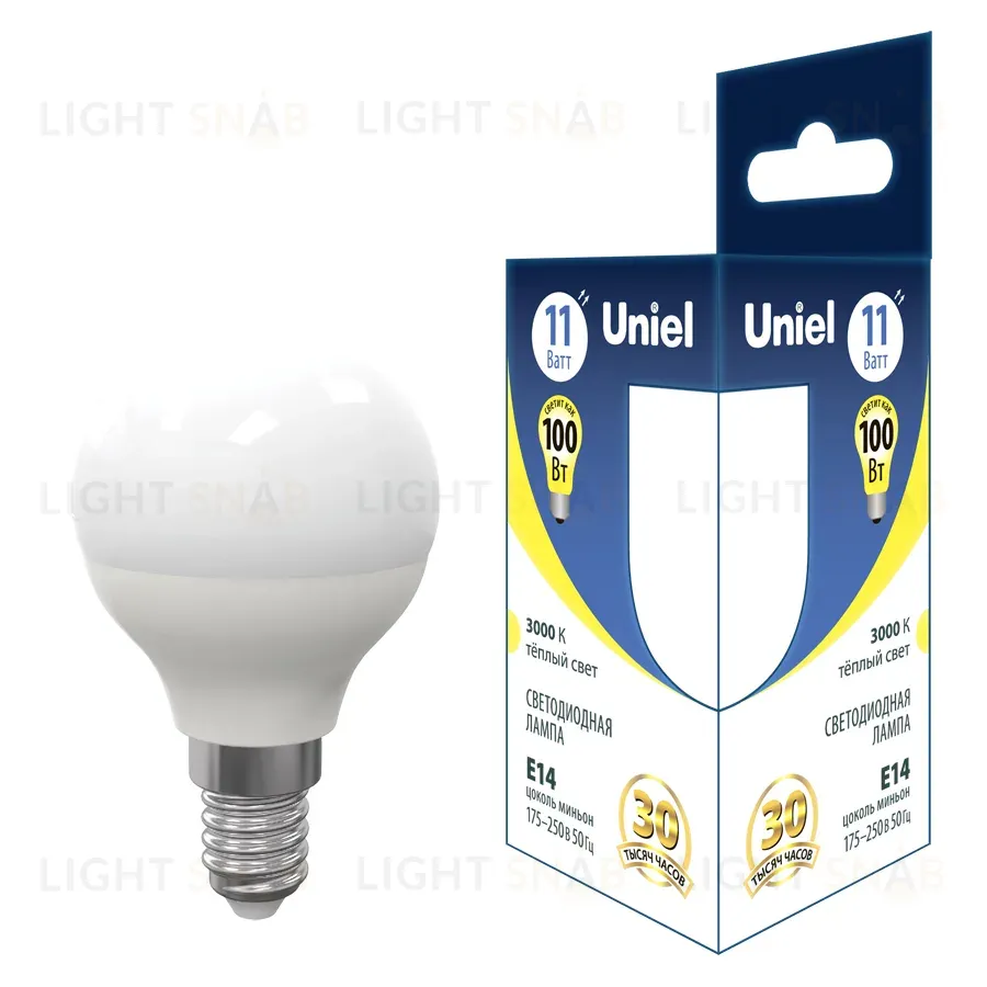 Лампа светодиодная Uniel E14 11W 3000K шар матовый LED-G45-11W/3000K/E14/FR PLS03WH UL-00006843 LED-G45-11W/3000K/E14/FR PLS03WH