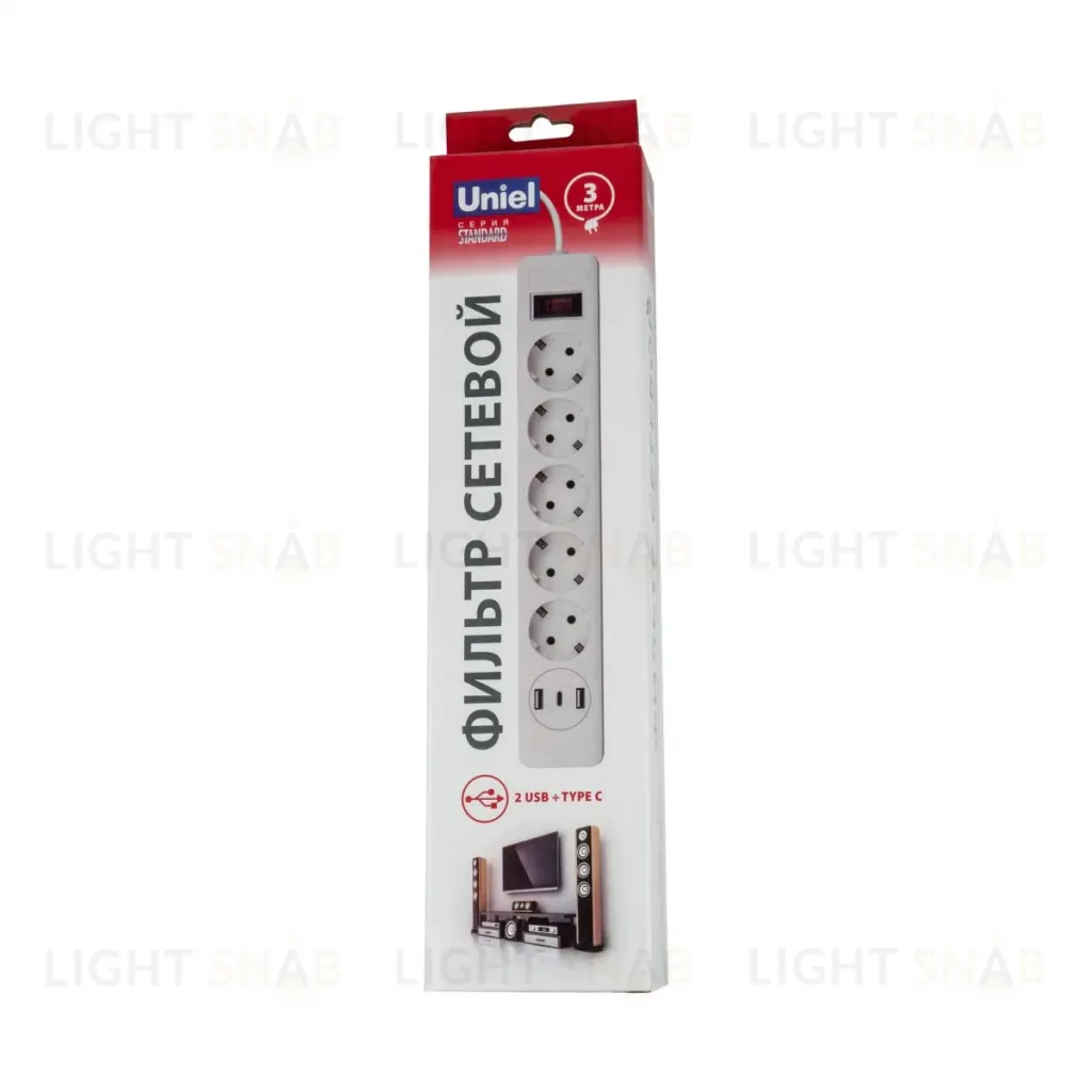 Сетевой фильтр серии Standard. шнур 3м Пвс 3х0.75. 5 гнезд. с-з. 2USB+1TYPE C. 10A. 2500Вт Uniel S-GSR5-3 U2C1 WHITE/GREY UL-00012109 S-GSR5-3 U2C1 WHITE/GREY
