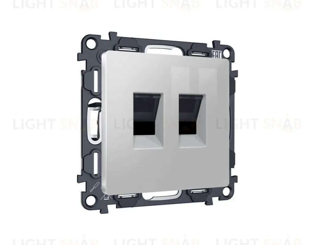 Комплект механизма компьютерной двойной розетки RJ-45 Ambrella Volt MA412110 (8P8C) CAT6 с автоматической защитной шторкой Alfa Серебро глянец Quant MA412110