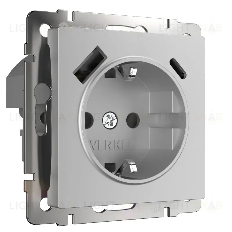Розетка Werkel Розетка с заземлением, шторками и USB тип A+C (серебряный) W1171706 4690389206870 a067703 4690389206870