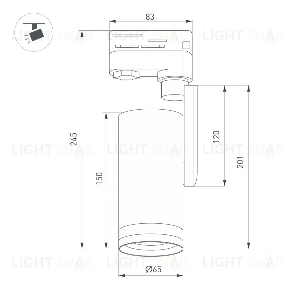 Трековый трехфазный светильник Arlight LGD-URANUS-4TR-R65-10W Warm3500-MIX (BK, 20-50 deg, side holder, 230V) (IP20 Металл) 055806 055806