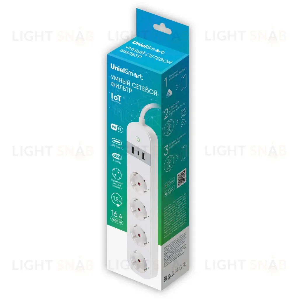 Умный сетевой фильтр Uniel UL-00011386 Wi-Fi. 1.8м Пвс 3х1.5. 4 гнезда. с-з. 2USB+Type-C 5В 3A 16A 3680Вт P-GCL4-1,8 A201/UC/WF WHITE P-GCL4-1,8 A201/UC/WF WHITE