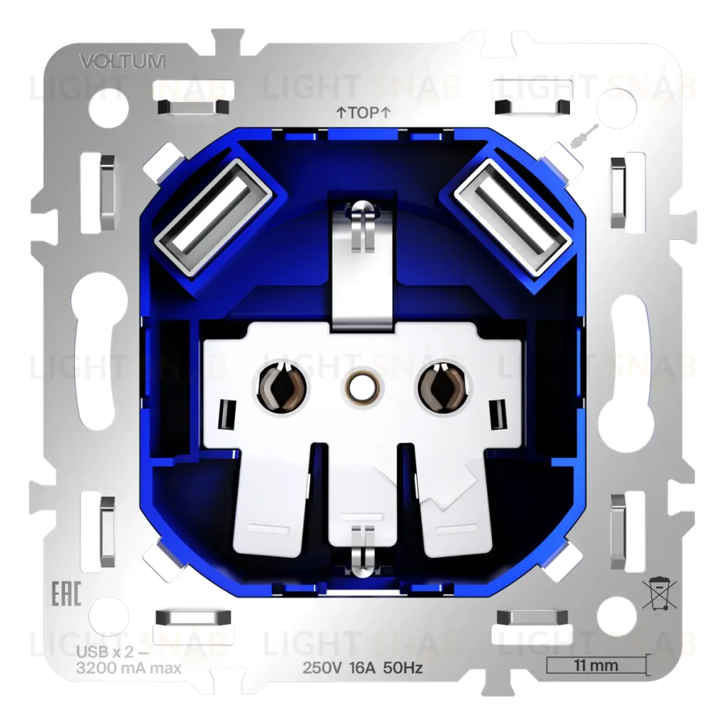 Механизм розетки с заземлением и защитными шторками 16А, с USB A+A Voltum S70 VLS0404M VLS0404M