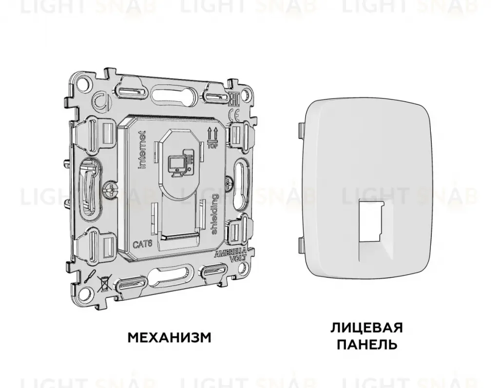 Комплект механизма компьютерной розетки Ambrella Volt RJ-45 (8P8C) CAT6A экранированной с автоматической защитной шторкой OMEGA MO812005 Черный матовый QUANT (OP8120, VM185) MO812005