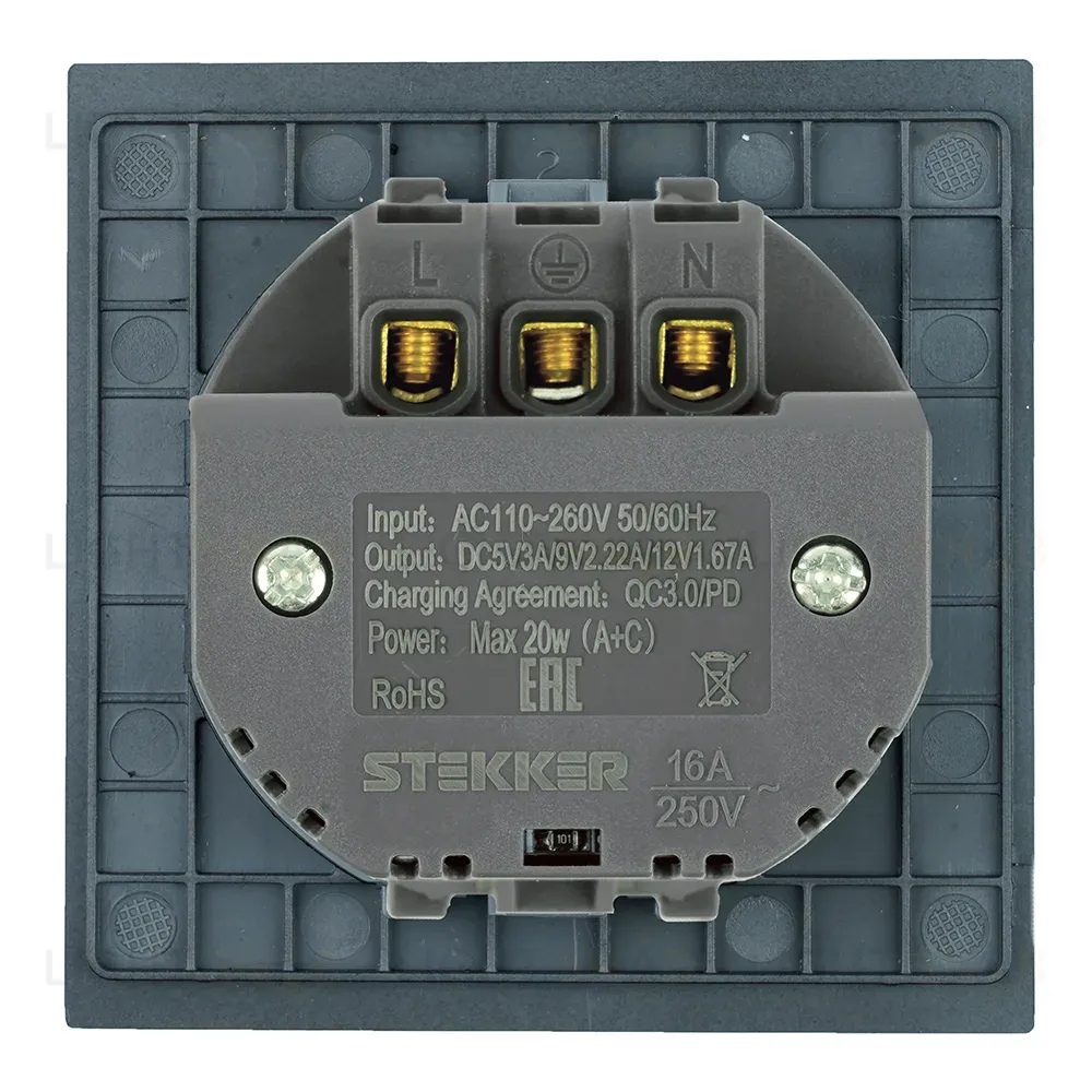 Розетка 1-местная з/ш с/з 16А + USB + Type C (механизм) Stekker Мия 250В 20W RST16-3119-05 черный бархат 50452 50452