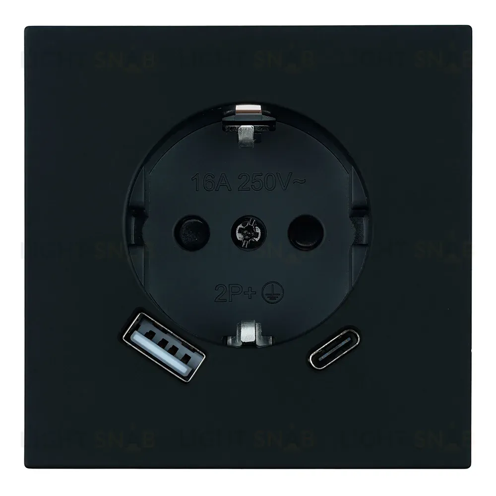 Розетка 1-местная з/ш с/з 16А + USB + Type C (механизм) Stekker Мия 250В 20W RST16-3119-05 черный бархат 50452 50452