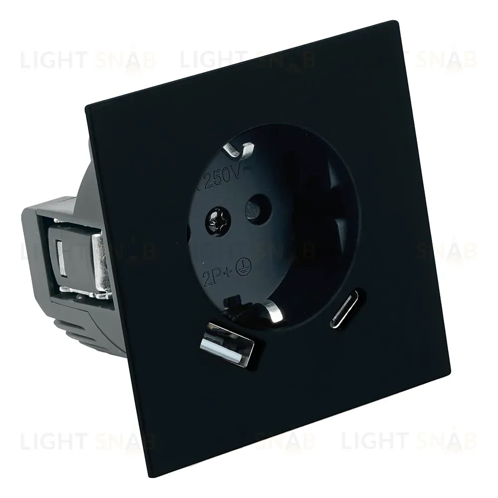 Розетка 1-местная з/ш с/з 16А + USB + Type C (механизм) Stekker Мия 250В 20W RST16-3119-05 черный бархат 50452 50452