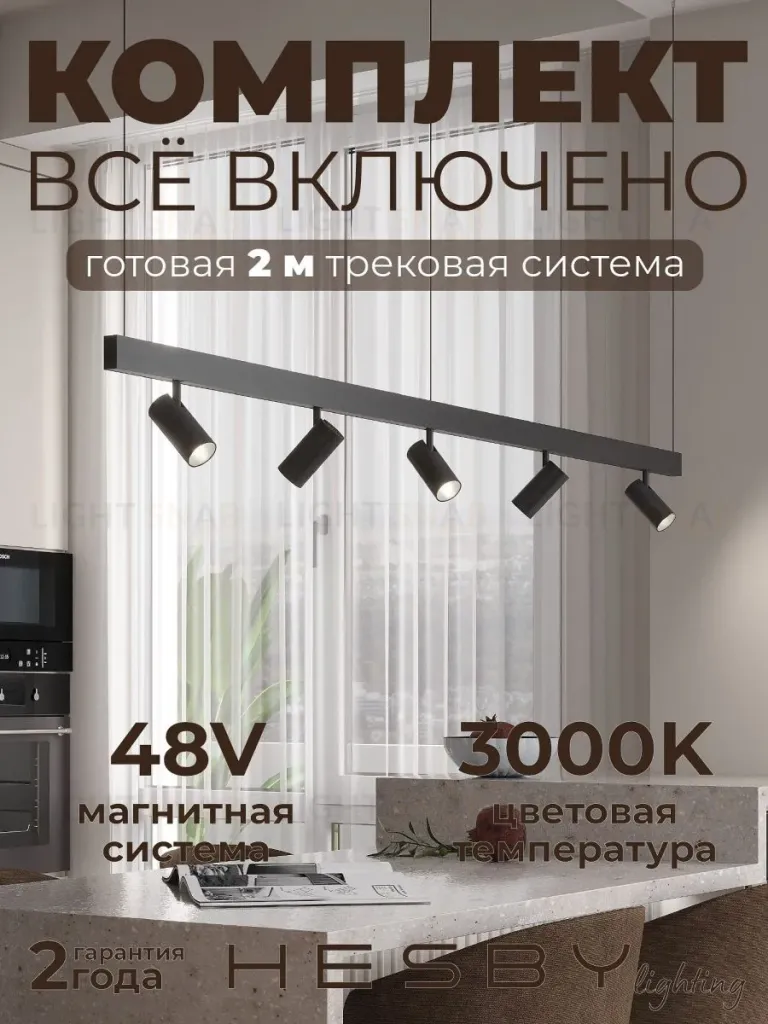 Трековая система со светильниками №3 трехфазная подвесная Eldeko (48В, форма - прямая, 2м, 3000K) черная Hesby Lighting HSBL_kompl_E003_PI2B3K HSBL_kompl_E003_PI2B3K