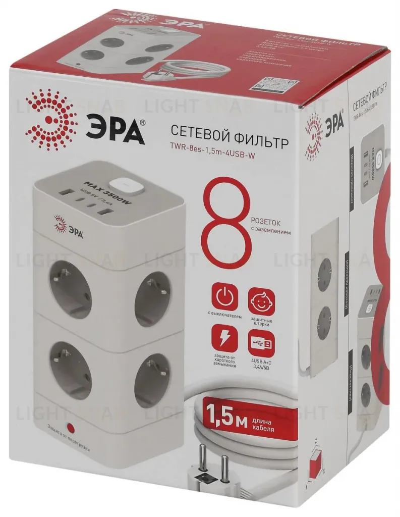 Сетевой фильтр ЭРА TWR-8es-1,5m-4USB-W башня с защитой заземлением с выключателем 8 розеток+4xUSBA+C 1,5м 16А белый Б0069071 Б0069071