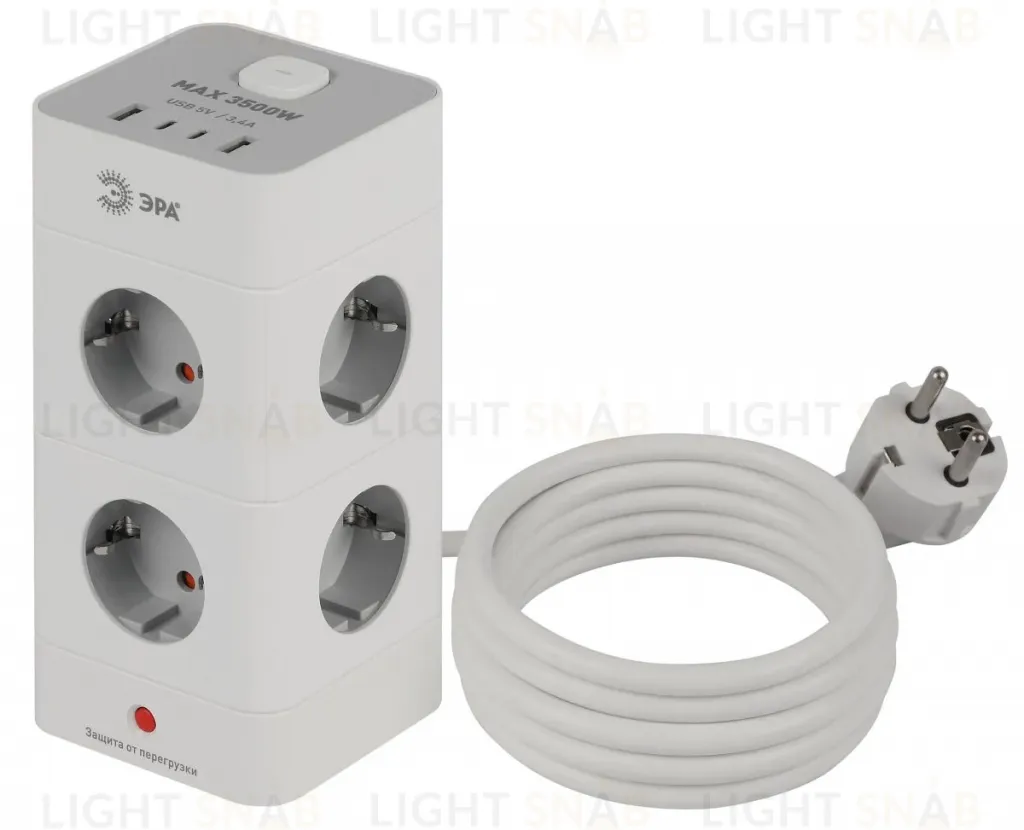 Сетевой фильтр ЭРА TWR-8es-1,5m-4USB-W башня с защитой заземлением с выключателем 8 розеток+4xUSBA+C 1,5м 16А белый Б0069071 Б0069071